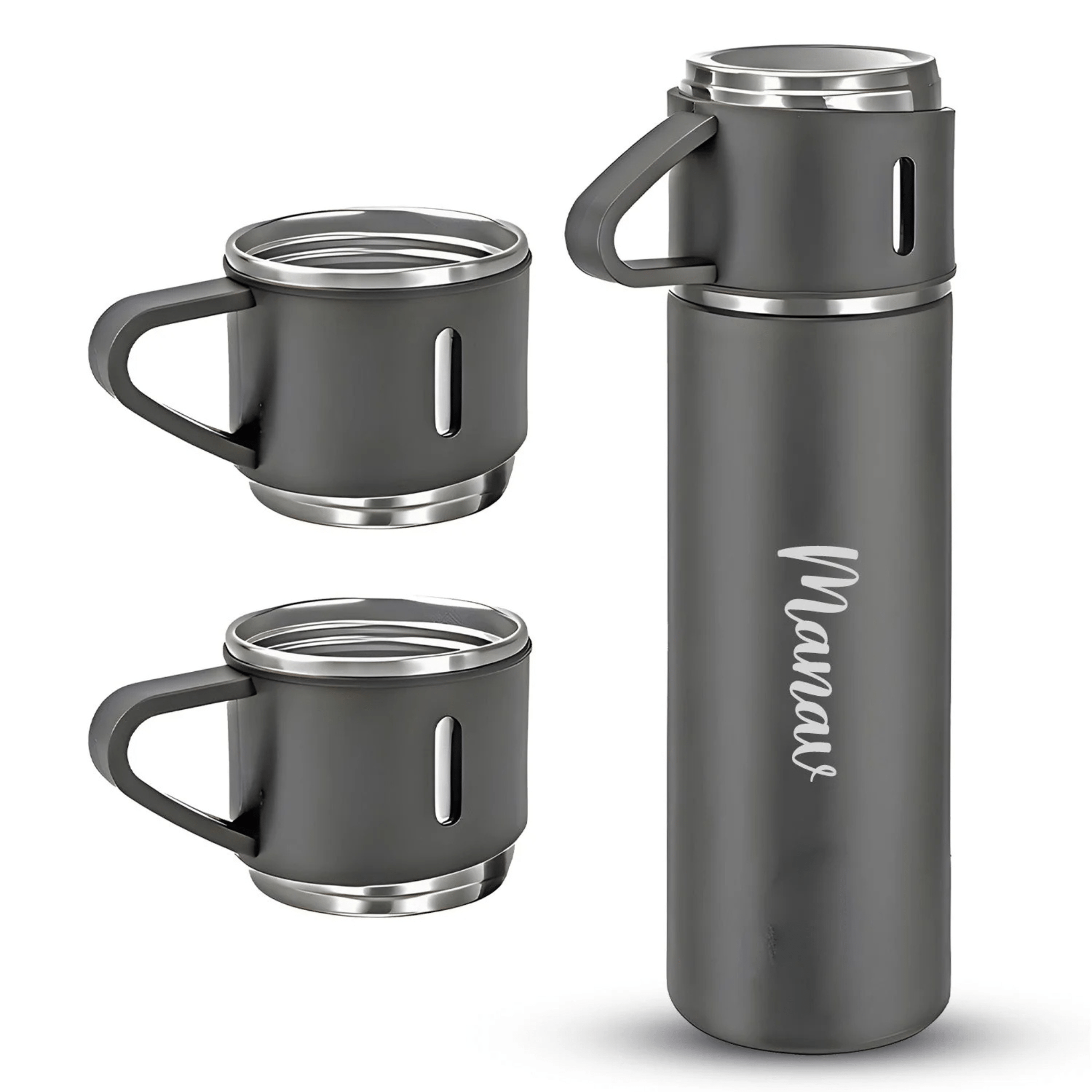 Personalized Stainless Steel Water Bottle Vacuum Flask Set with 3 Steel Cups Combo